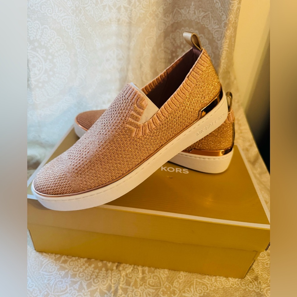 Michael Kors Rose Gold and White Slip-On Sneakers